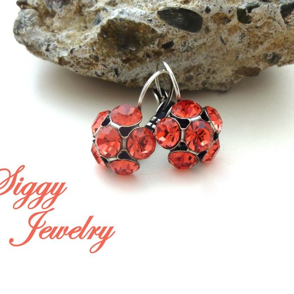 Padparadscha Flower Cluster Drop Earrings Made with Genuine Austrian Crystals - Picture 5 of 6